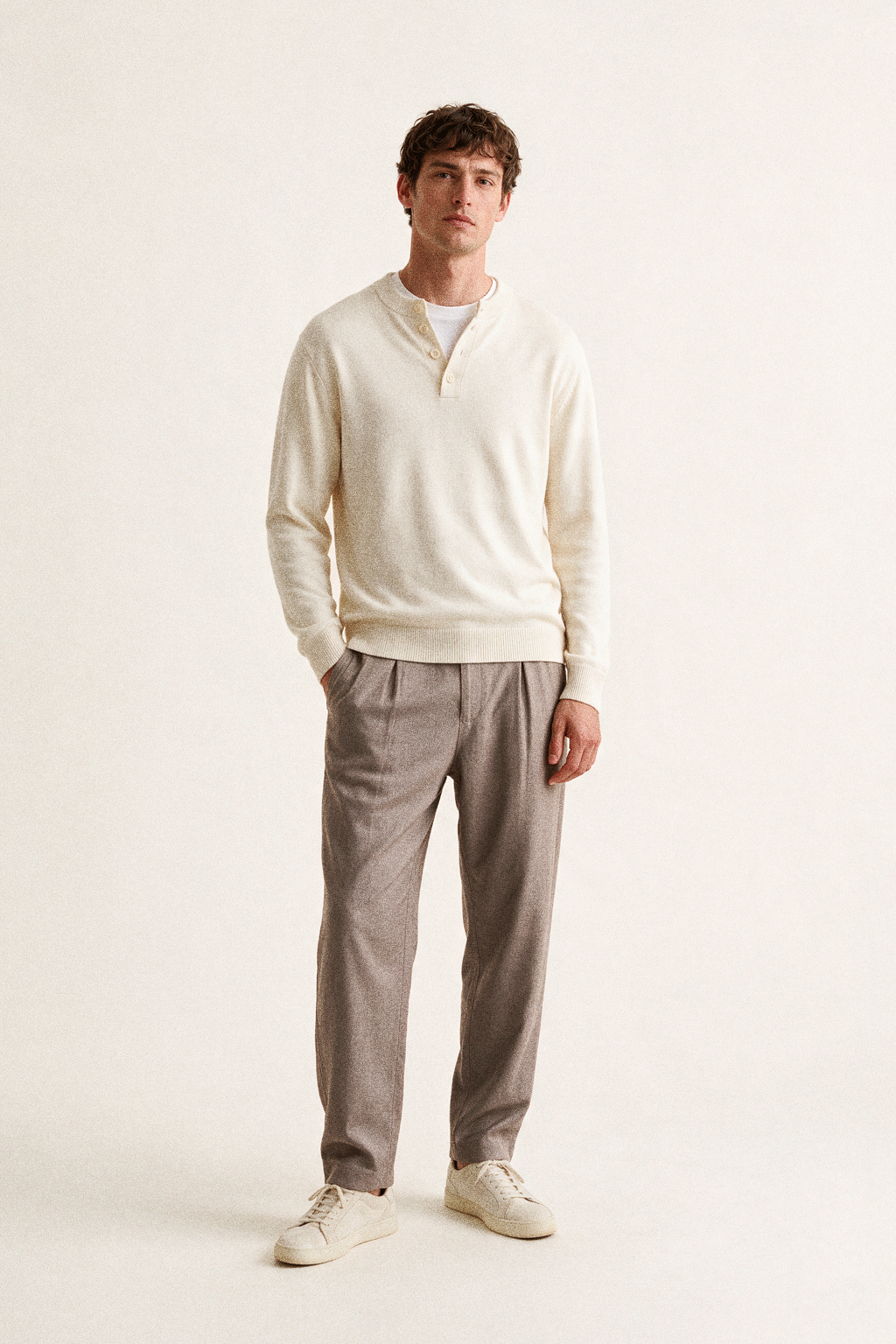 Cashmere-Blend Button-Neck Sweater